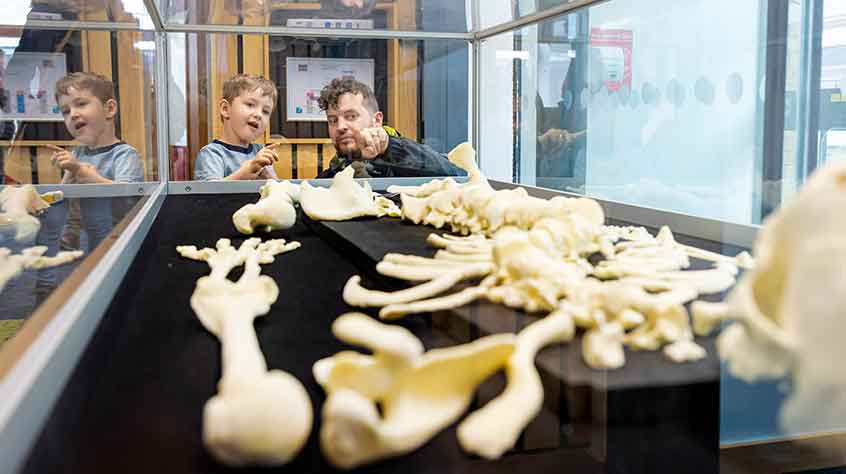 2/10/2021 - a man and a young boy look at the replica skeleton of Richard III at the University of Leicester