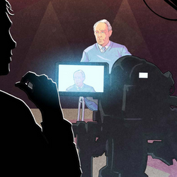 Illustration of person being interviewed and recorded