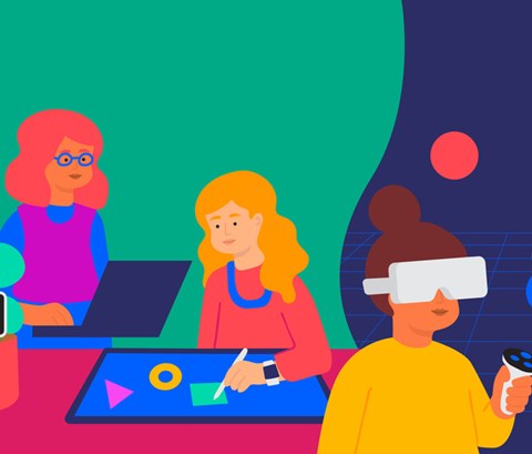 Illustrations of a cycling app, a woman looking at data, 4 people on a Zoom call and 2 people listening to music.