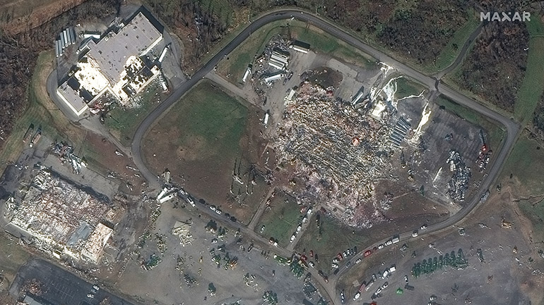 The Mayfield Consumer Products Factory in Kentucky, after the hurricane. Satellite image ©2023 Maxar Technologies