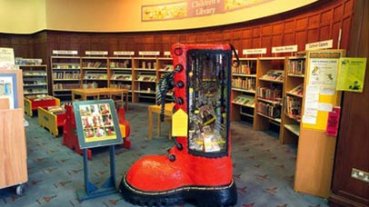 A giant shoe in a library