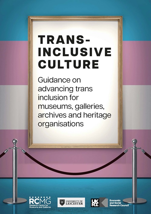 Writing on a frame that says 'Trans-Inclusive Culture: Guidance on advancing trans inclusion for museums, galleries, archives and heritage organisations' on a striped wall with the trans flag colours (blue, pink and white).