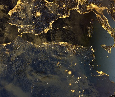 satellite orbiting earth specifically europe which is all lit up