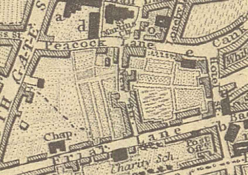 an extract of Fowler’s 1828 map of Leicester, showing the Grey Friars area.