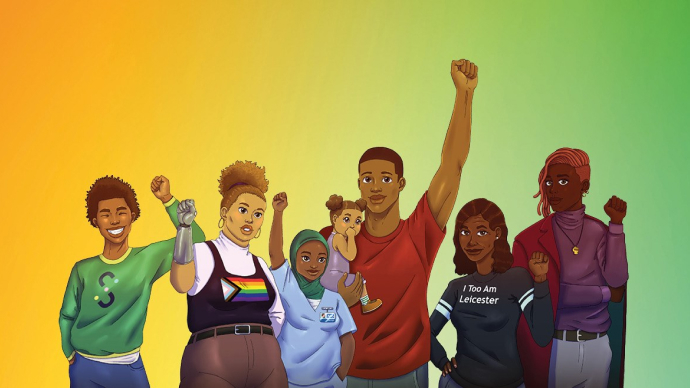Cartoon of people of colour holding up black power fists