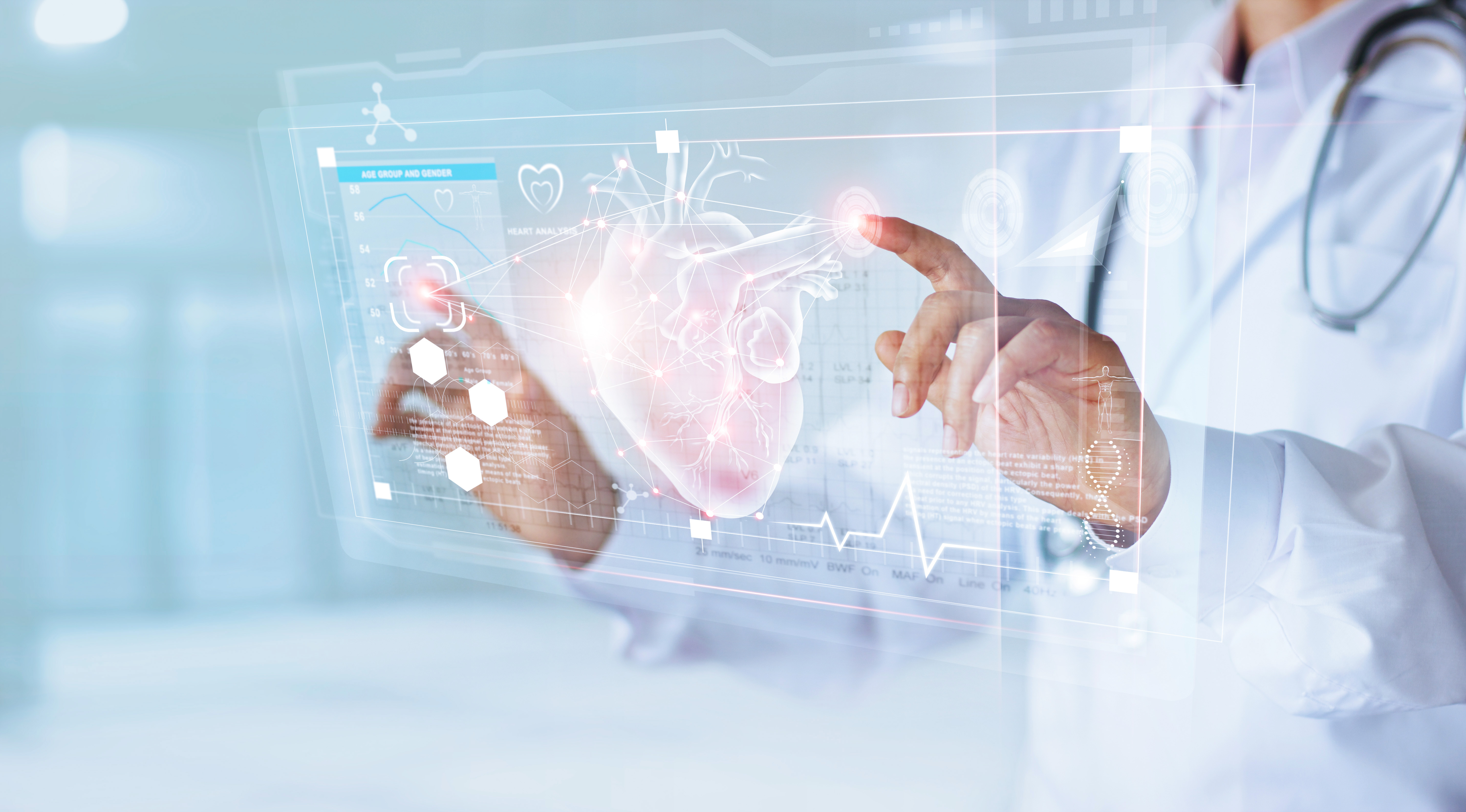 abstract biotech heart hologram being assessed by researcher in lab