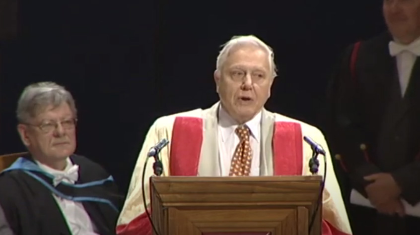 Sir David Attenborough addressing the ceremony where he received distinguished honorary fellowship