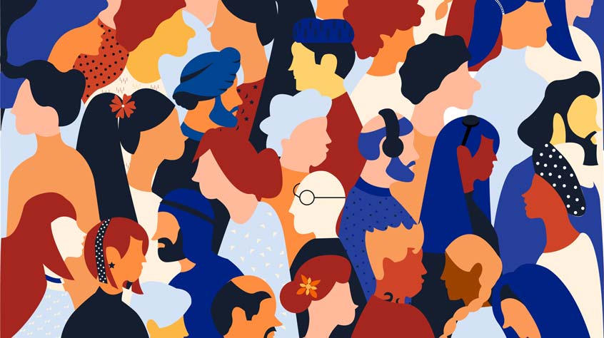 Flat illustration of a crowd containing inclusive and diversified people all together without any difference.