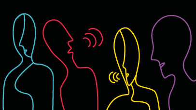 outline drawings of 4 of people, 2 of them talking