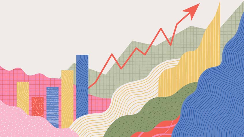 Abstract financial background with uptrend line, textured graphs, charts and copy space. Editable vectors on layers.