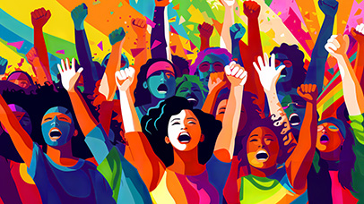 Colourful illustration of people waving their arms in the air
