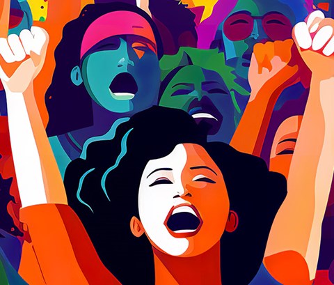 Colourful illustration of group of people waving their arms in the air and smiling