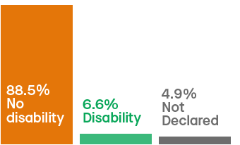Infographic showing the disability status of students: No disability disclosed 88.5%; disclosed a disability 6.6%; not declared 4.9%