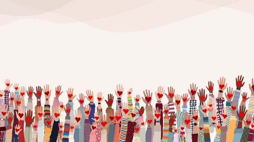 Group of raised hands. Diverse people holding a heart. 