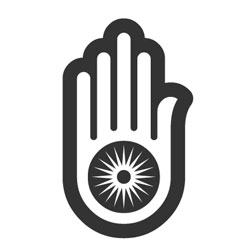 Hand with circle in the middle. Jainism religion icon.