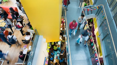 Aerial shot of Leicester students' union with student's milling around.