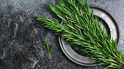 rosemary leaves on silver plate