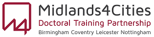 The Midlands 4 Cities logo, reading: Midlands 4 Cities Doctoral Training Partnership, Birmingham, Coventry, Leicester, Nottingham