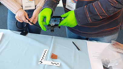 2 peoples hands taking image of artifact