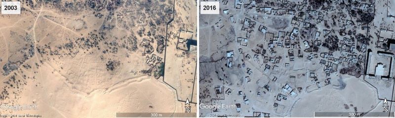 Aerial side by side comparison of a desert, one with few buildings, the other wtih many buildings