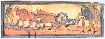 A medieval tapestry depicting four thickly-muscled oxen pulling farming equipment along furrowed ground as three men observe