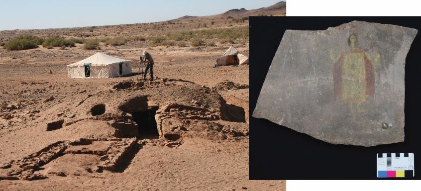 A chapel tomb in the Wadi Draa with painted stone slab found in the interior with a yelllow and red figure drawn on the slab