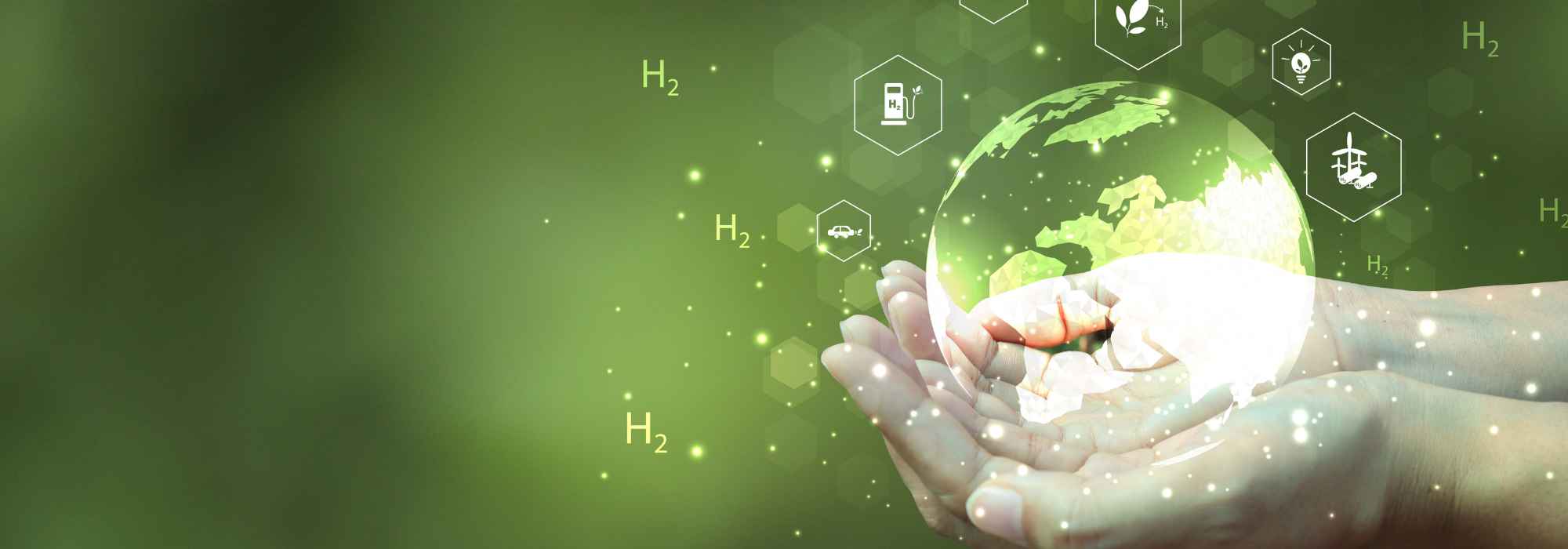 Abstract image green, close up on hands, transparent globe