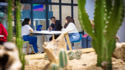 Foreground cactus habitat, group of students in background of study area