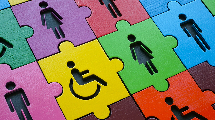 Image of a multicoloured jigsaw puzzle showing images of equity diversity and inclusion