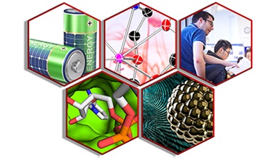 Representations of Chemistry research: batteries (materials and interfaces), substrate in an enzyme (chemical biology), molecular structure (sustainable synthesis and catalysis), stylised nanoparticle (spectroscopy and atmospheric chemistry), and Dr Williams delivering a class (Learning Enhancement and Pedagogy)