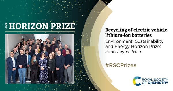 Announcement graphic created by the Royal Society of Chemistry for the Horizon Prize 2024. On the left is a photograph of a diverse group of researchers who collaborate on this project. To the right is the text 'Recycling of electric vehicle lithium-ion batteries', the work the prize was awarded for. Underneath this is the name of the prize, the Environment, Sustainability and Energy Horizon Prize: John Jeyes Prize.