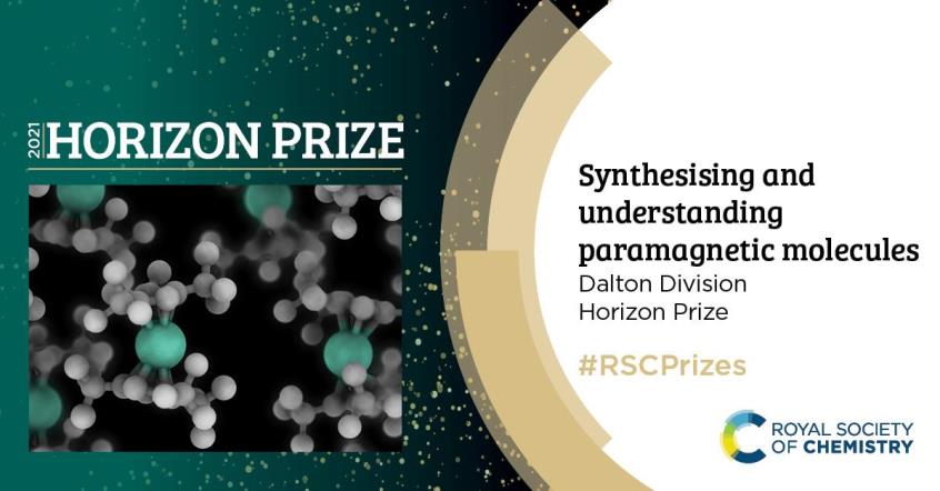 Celebratory graphic from the Royal Society of Chemistry announcing the 2021 Horizon Prize for Synthesising and understanding paramagnetic molecules