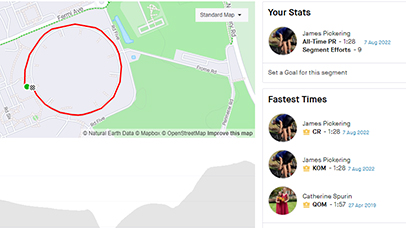 Map of the cycle route around the ring at Diamond Light Source, showing James Pickering has the fastest time for cycling around this circular route.