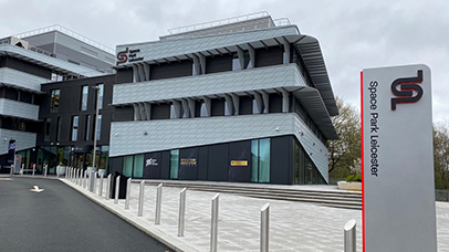 Photograph of the exterior of the Space Park Leicester building on an overcast day