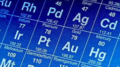 An photograph of the periodic table against a blue background. The periodic table has been cropped to show the transition metals around platinum.