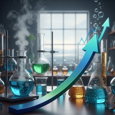 Cartoon image of an upward trending arrow in front of a wooden bench with chemical equipment and glassware containing coloured solutions.