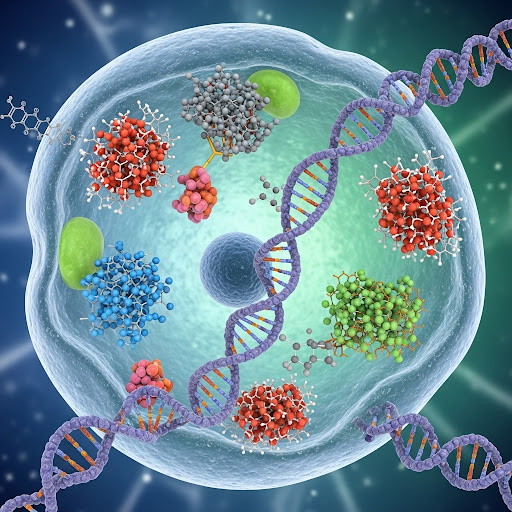 Cartoon depiction of the central role Chemistry plays in Life. DNA strands swirling around a cell, containing cartoon proteins.