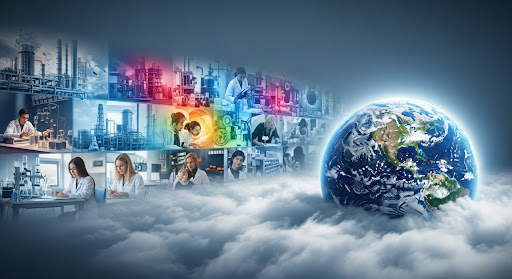Image of the Earth in a sea of clouds, with pictures showing the multiple contributions of chemistry to society in the background