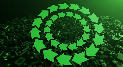 A circle of green arrows in front of a mound of batteries to show recycling and the circular economy