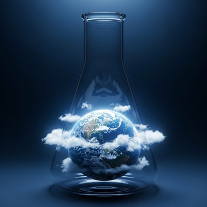Image of the a conical flask containing the Earth surrounded by clouds against a dark blue background