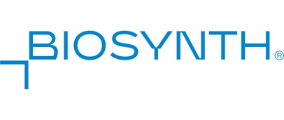 Logo of the company Biosynth - stylised writing of the company name with an angular font in blue against a white background. This is a registered logo.