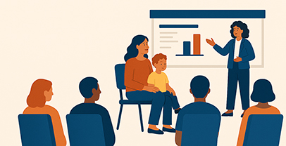 Cartoon image showing a diverse range of attendees at a conference, with one standing delegate presenting data on a screen. One attendee is holding a child on their knee.