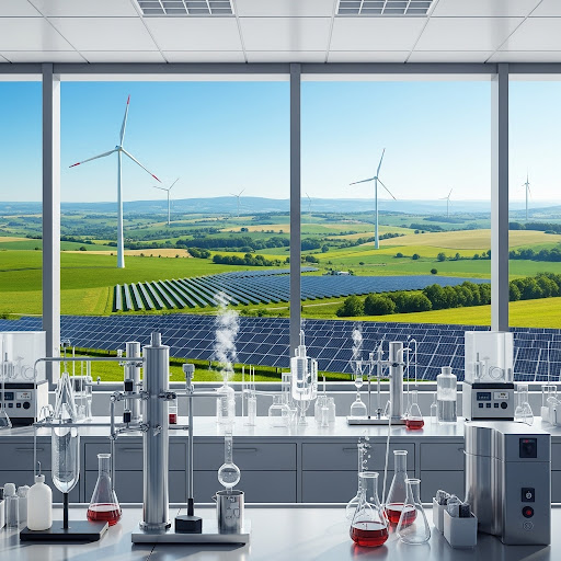 Chemistry laboratory looking out across a background of green countryside with wind farms and solar panels.