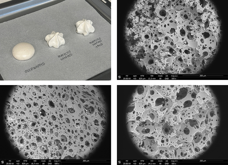 Meringue studied using advanced imaging methods at the University of Leicester. Scanning Electron Microscopy (SEM) images of perfectly whipped, overwhipped, and acid-treated meringues. The images show how bubble size (pore size in scientific language) changes with the preparation method of the meringue.