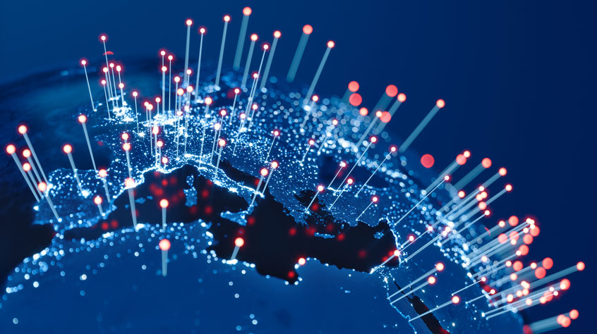 Abstract Earth view from space with fiber optic cables rising from major cities