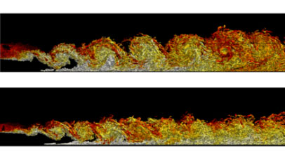 Instantaneous vortical structure from high fidelity simulations of a wall jet with co-flow coloured by the temperature field