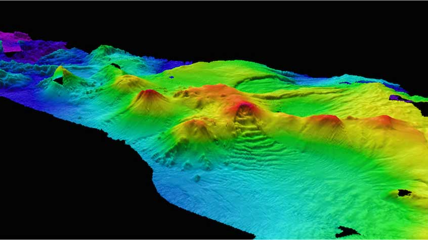 Submarine volcanoes at the north end of the south sandwich volcanic arc. Data collected using hull-mounted multibeam echosounder data on RRS James Clark Ross.