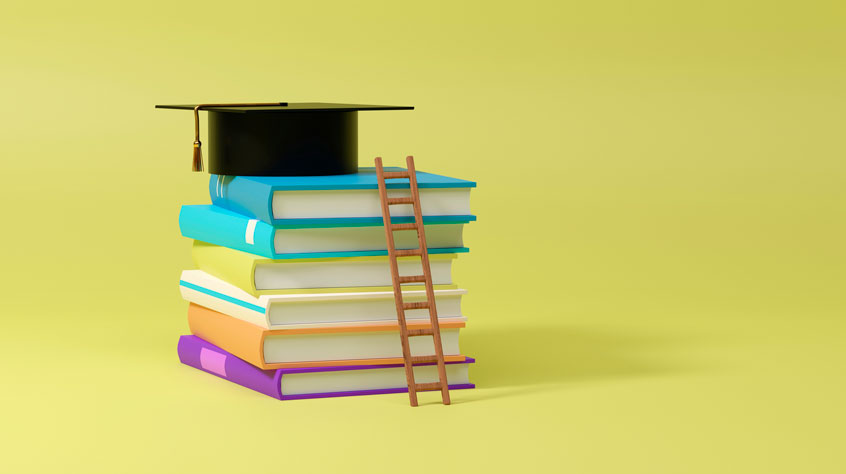 Graphics of a ladder sitting up against a stack of books, with a graduation cap on the top of the books.