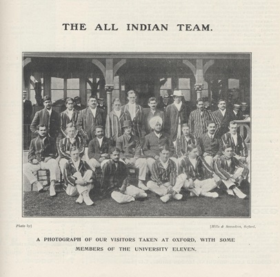 Image of the All Indian Cricket Team with members of the Oxford University cricket team from 1911. Black and white image of 22 men sitting and standing in three rows