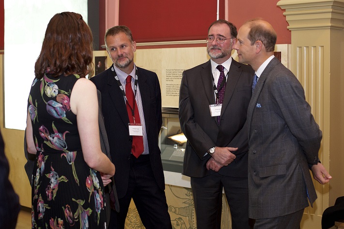 Andy Hopper (Leicester), David Appleby (Nottingham), Carol King (NCWM) with HRH Price Edward at the opening of the National Civil War Museum, 2015